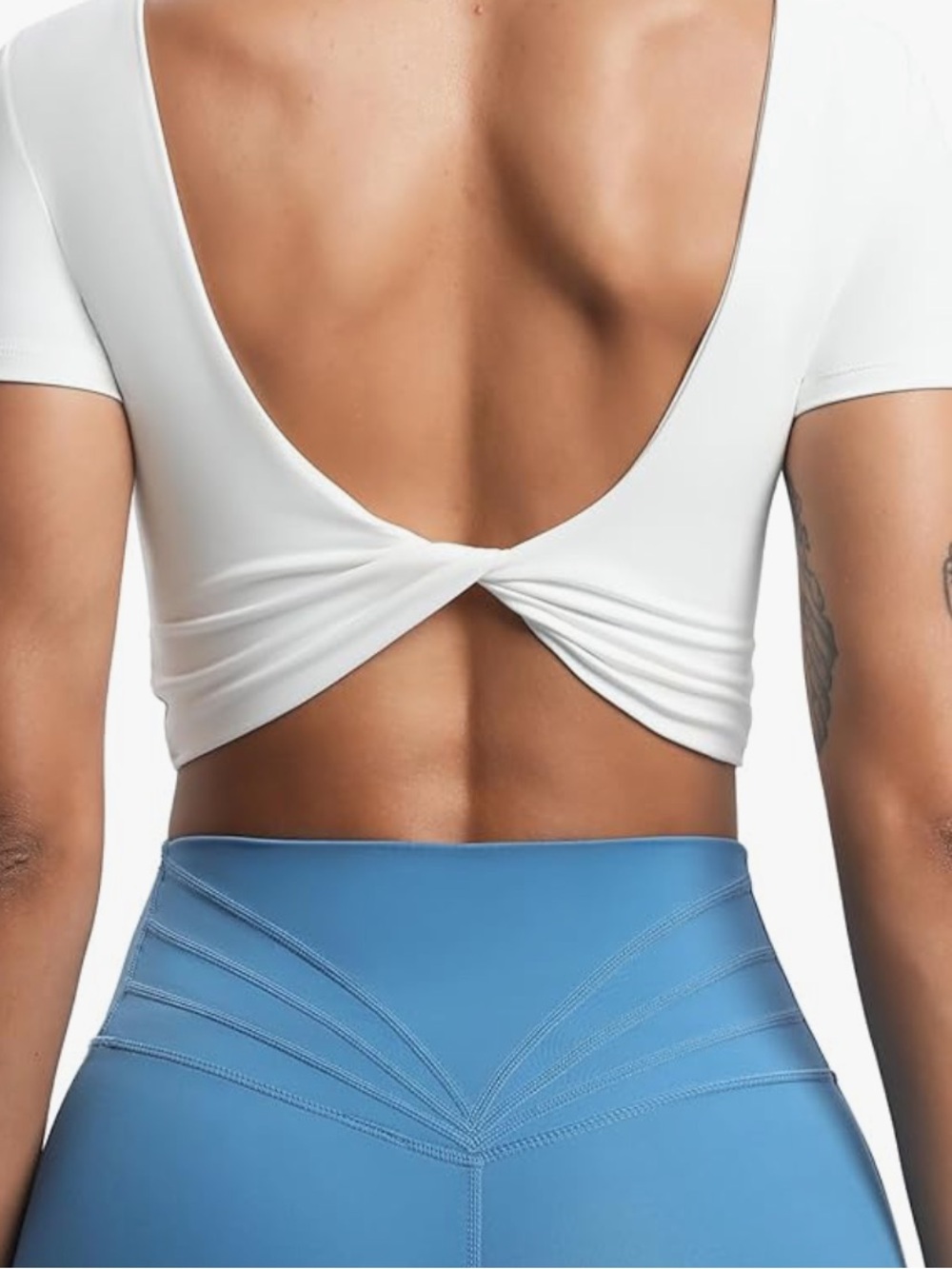 White Women's Scoop Neck Short Sleeve Backless Twist Crop Sexy Top - M